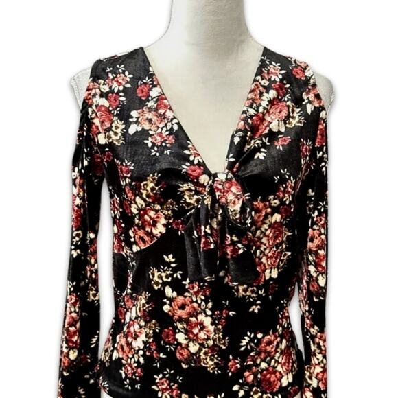 Pro Blue Blouse Cold Shoulder Long Sleeves Stretch Floral Multicolor W S NWOT - Picture 2 of 8